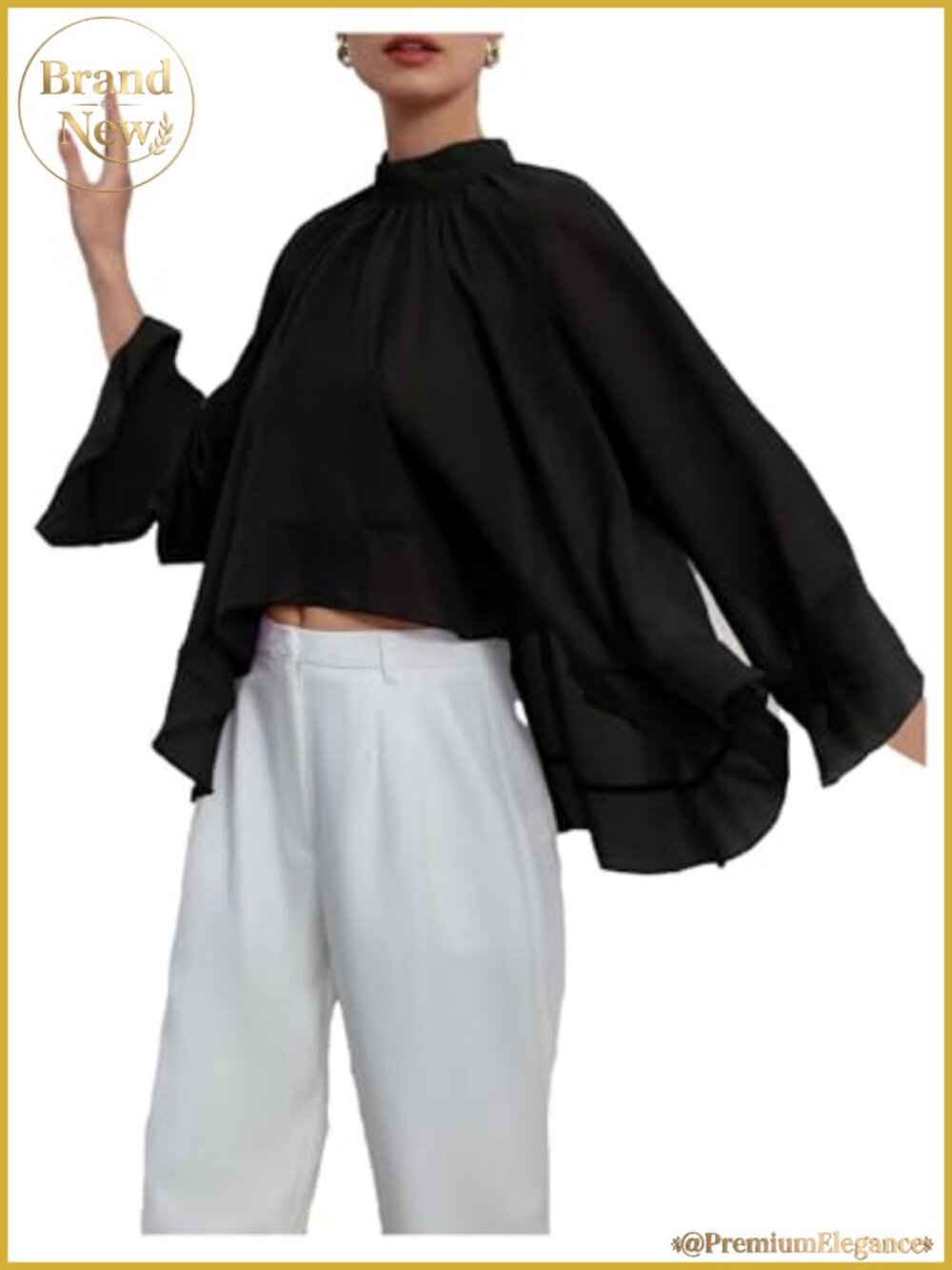 Dressy Chiffon Blouse Mock Neck Ruffle Hem Flounce Sleeve Asymmetrical Top